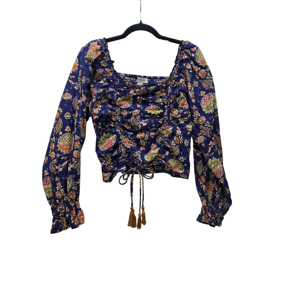 Calligraphie Navy Blue Floral Pineapple Ruched Crop Top Tassel Tie Womens Medium
